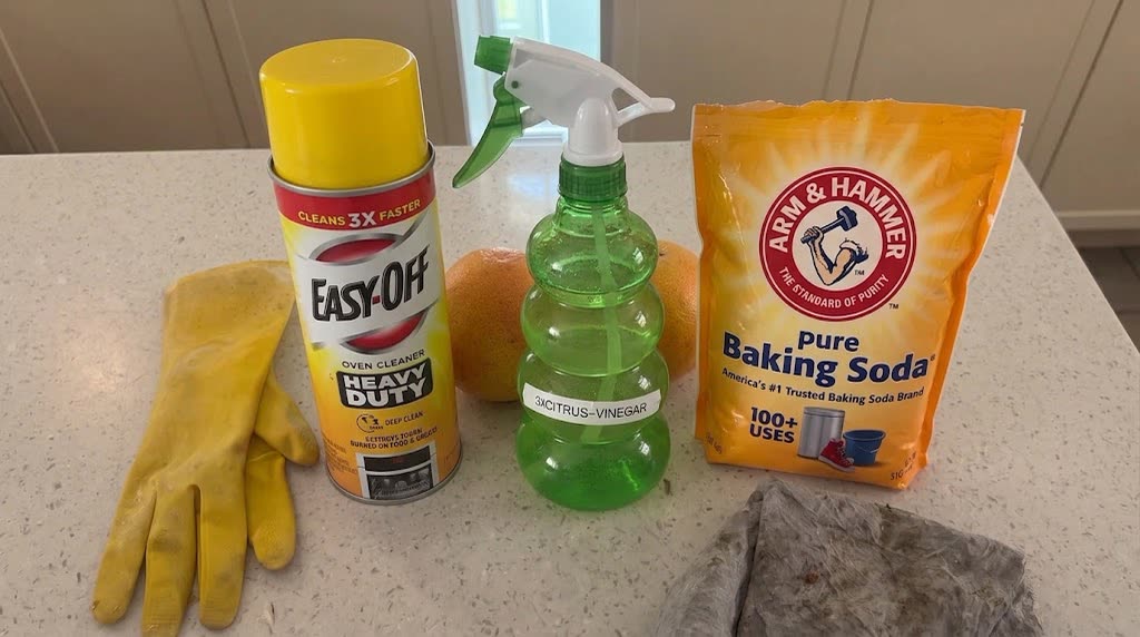The three cleaners she bought, lined up on the counter