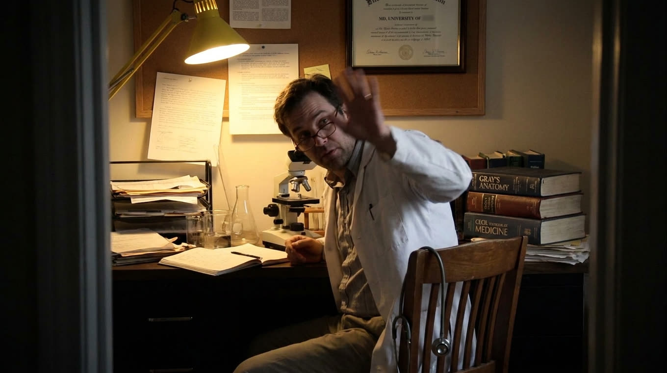 Camcorder footage of Dr. Alan Whitaker at his home laboratory bench