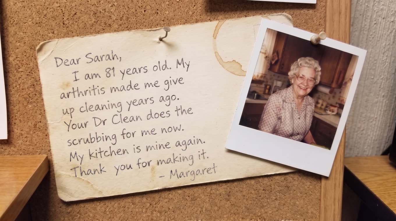 A handwritten postcard pinned to the wall above Sarah's desk