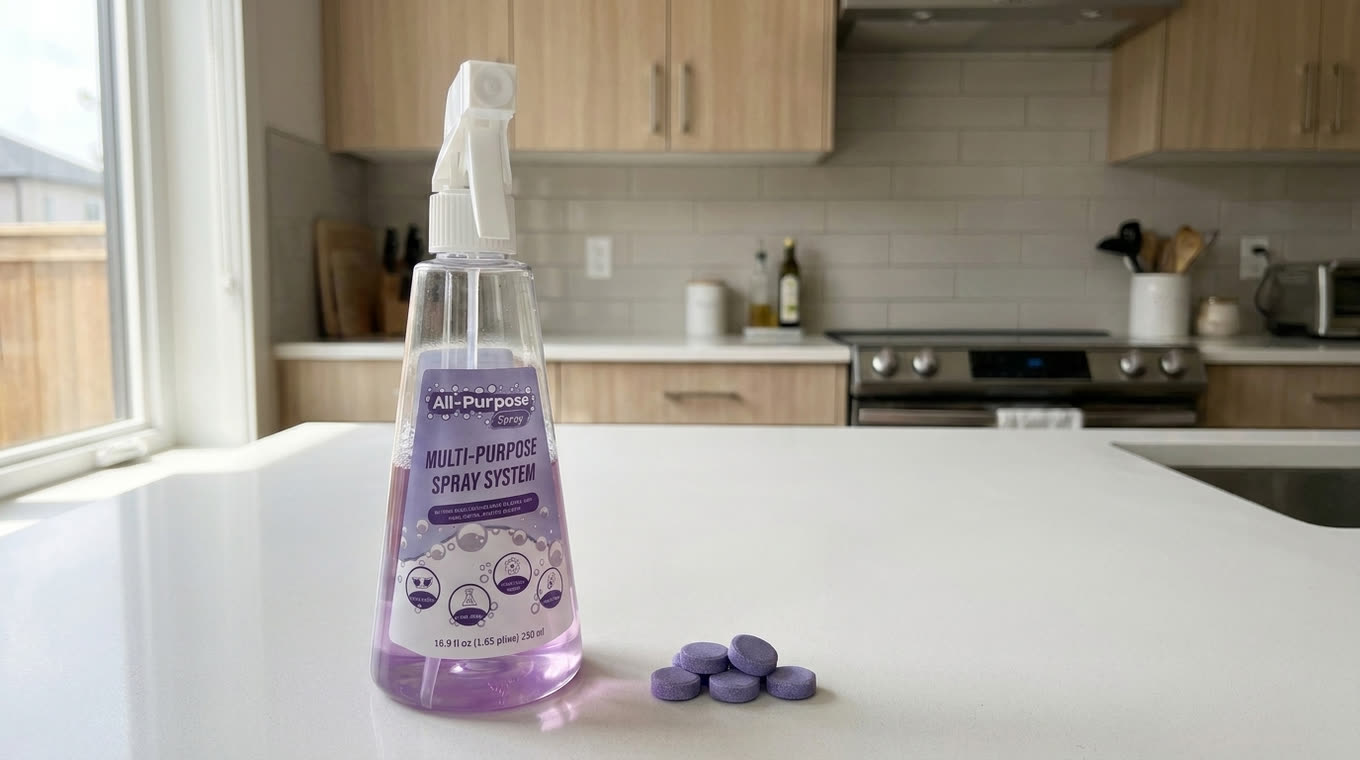 The Dr Clean spray bottle on a kitchen counter beside a small pile of purple tablets
