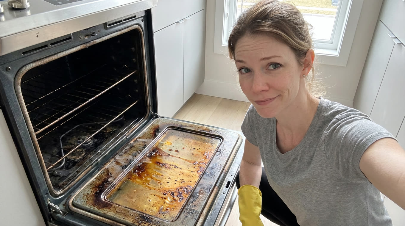Sarah in front of her oven the morning after Thanksgiving, baked-on grease across the back wall and glass