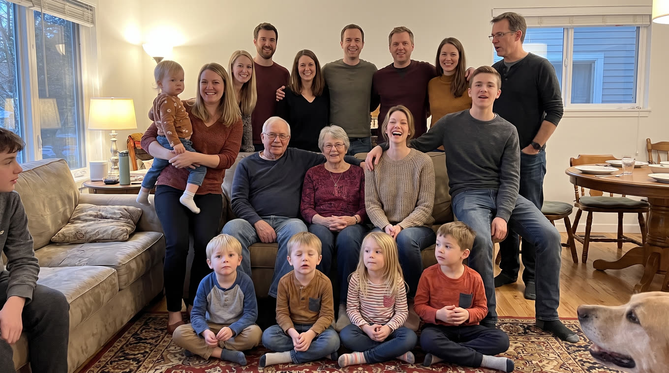 Three generations of Sarah's family crowded into her living room on Thanksgiving, the table set behind them